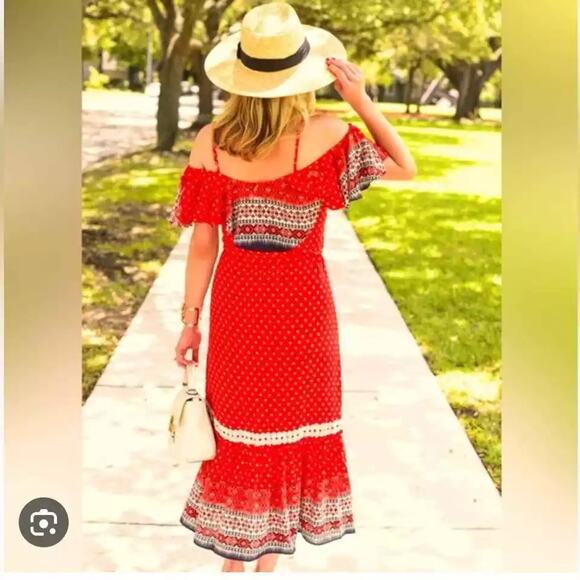 Misa Los Angeles Larsen Cold-Shoulder Bohemian Printed Midi A-Line Dress Red S - Picture 2 of 6